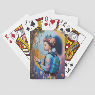 Unga flickor i skog med ryggsäck casinokort