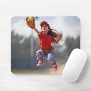 Unga flickor jumping att fånga en softball musmatta