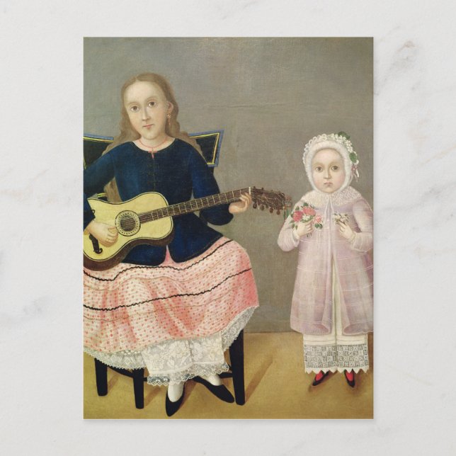 Unga flickor med en gitarr och barn med en vykort (Framsida)