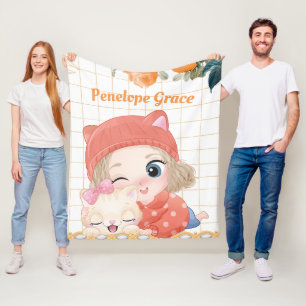 Unga flickor och katt Orange Ro + eget namn Fleecefilt