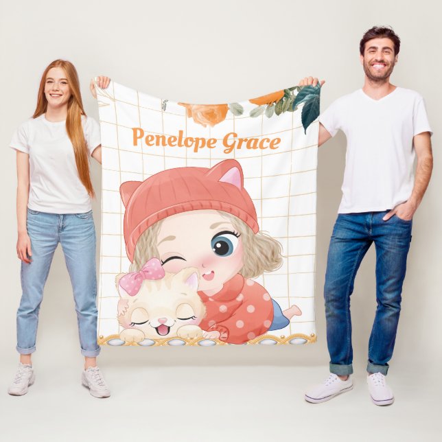 Unga flickor och katt Orange Ro + eget namn Fleecefilt (På plats)