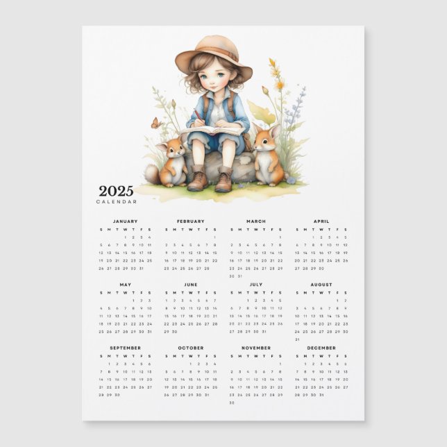 Unga flickor som läser Bok-kaninens magnetkalender (Framsida)