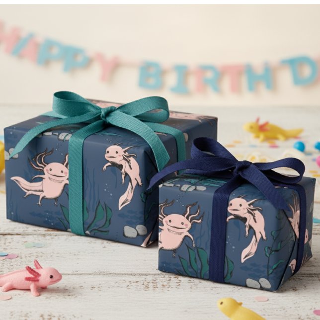 Unga Grönten Underwater Axolotl Teckning Presentpapper (Cute Axolotl Animal Navy Blue Wrapping Paper for Kids Birthday. Fun Pet Salamander Unique Gift Wrap)