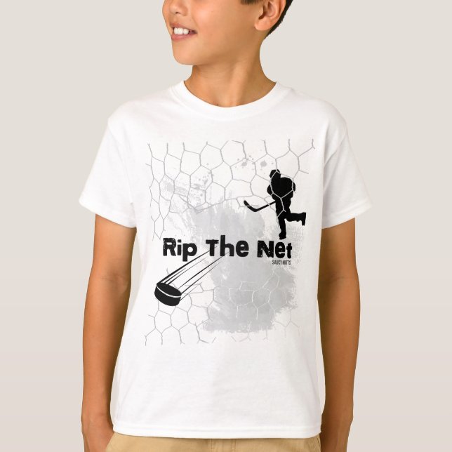 Unga Hockey Rip the Net Hockey Player New T Shirt (Framsida)