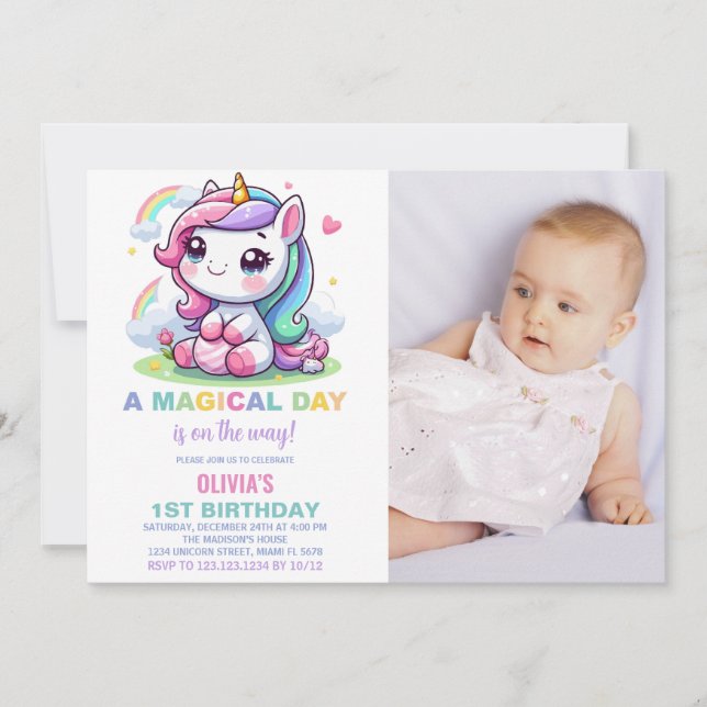 Unga inbjudningar till Unicorn-födelsedag med foto (Framsida)