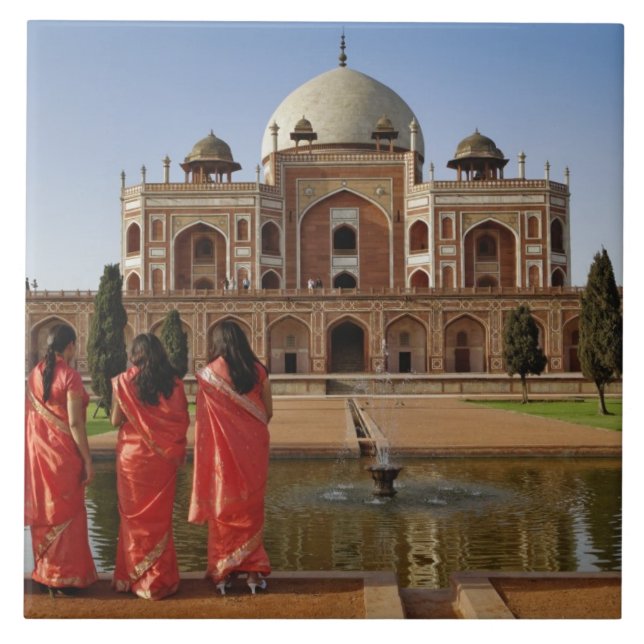 Unga indiska damer och Humayuns grav, Delhi, Kakelplatta (Framsidan)
