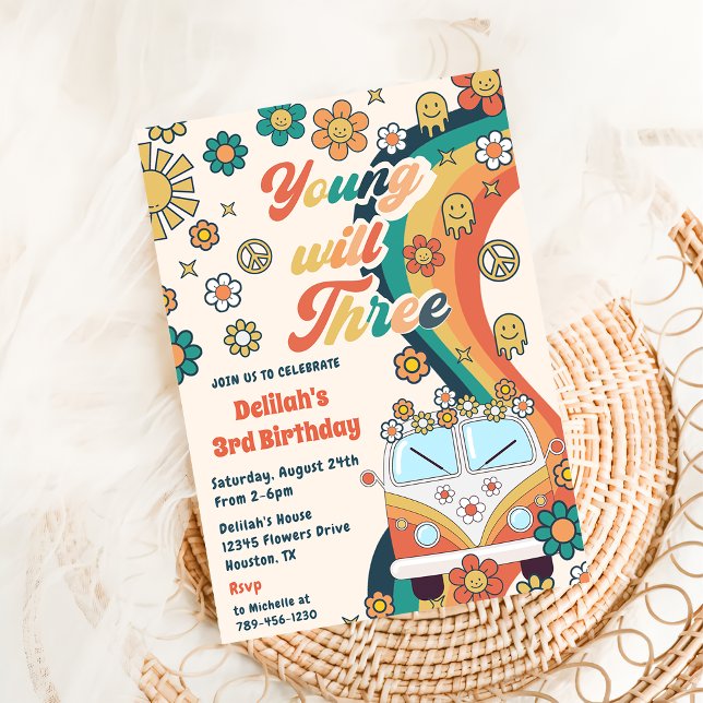 Unga kommer att ha tre Retro-Blommigt 3:e födelsed Inbjudningar (Skapare uppladdad)