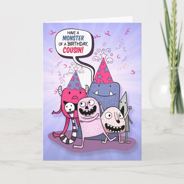 Unga kusin Rosa och Lila Monster Birthday Kort (Framsida)