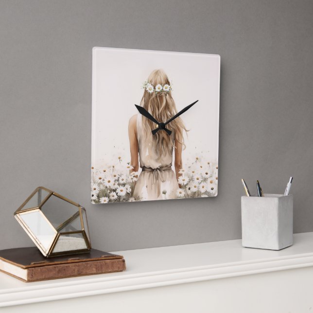 Unga kvinnans vattenfärg i Daisy Fält Fyrkantig Klocka (Kontor)