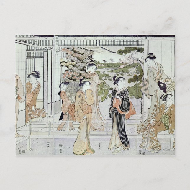 Unga kvinnor med basket i krrysanthemum vykort (Framsida)