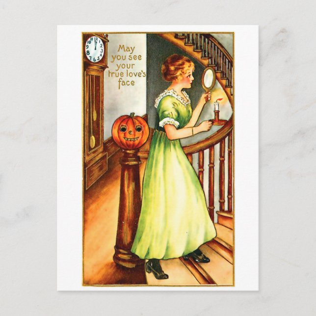 Unga kvinnor tittar i spegel på Halloween Vykort (Framsida)