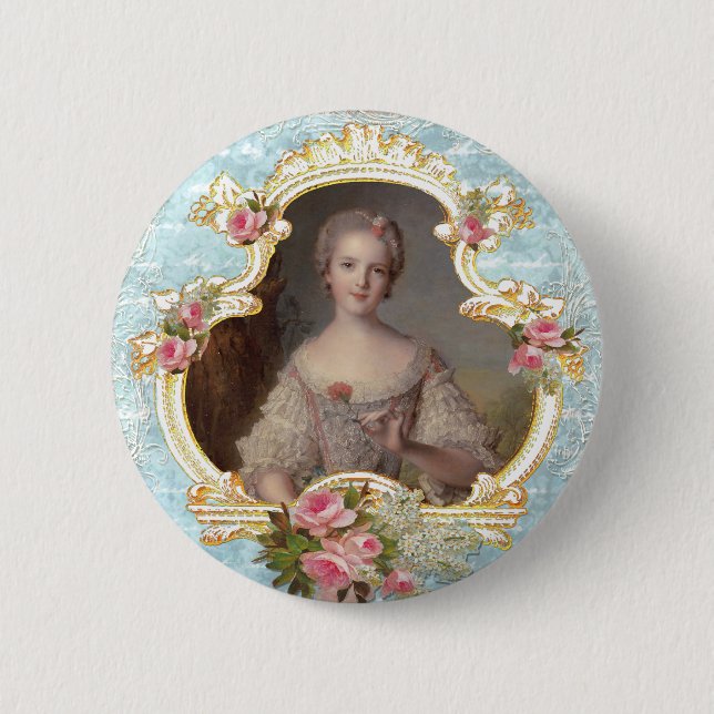 Unga Marie Antoinette i Rosa ros Button Pin Knapp (Framsida)