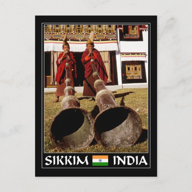 Unga munk som blåser gyllene i Sakkim, Indien Vykort (Framsida)