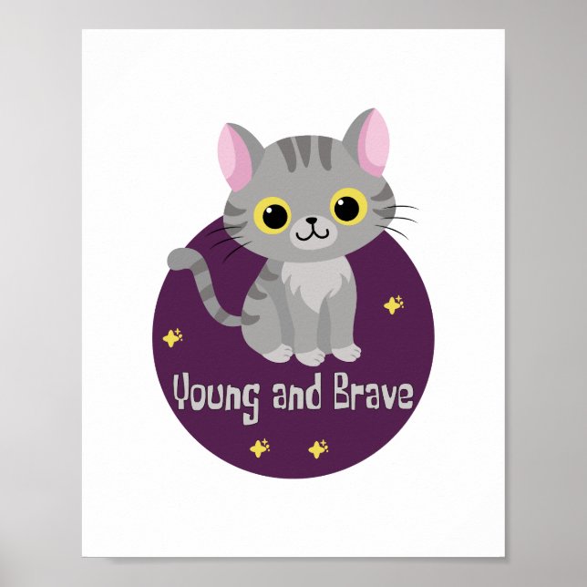 Unga och modiga Kawaii sött grått-kattleende Poster (Framsidan)