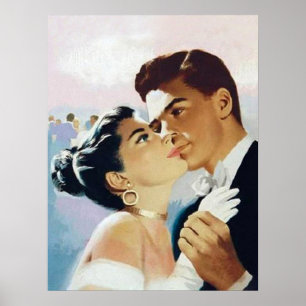 Unga par som dansar tillsammans, vintage romantisk poster