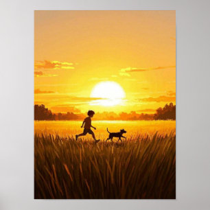 Unga pojke som springer med hund vid sunset poster
