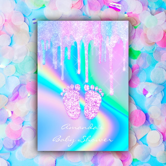 Unga Shower Girly Feet Glitter driver Unicorn Holo Inbjudningar (Baby Shower Girly Feet Glitter Drips Unicorn Holog Invitation)