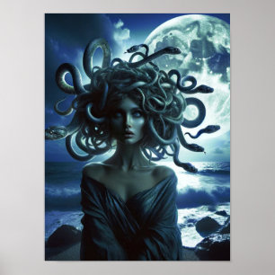 Unga Söt Medusa vid Måne och oceanen Poster