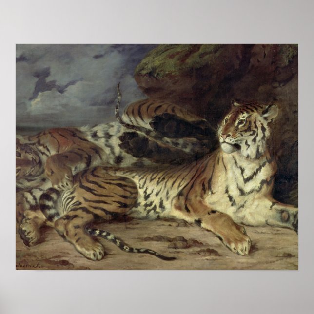 Unga tiger leker med mor, 1830 (olja på poster (Framsidan)