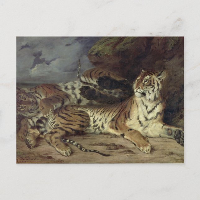 Unga tiger leker med mor, 1830 (olja på vykort (Framsida)