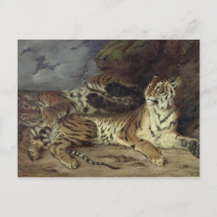 Unga tiger leker med mor, 1830 (olja på vykort