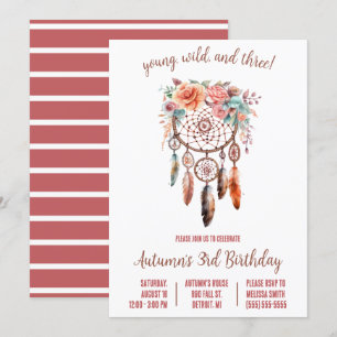 Unga, Vild, och 3! Boho Dreamcatcher Födelsedagsfe Inbjudningar