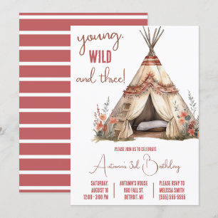 Unga, Vild och tre! Boho TeePee-Födelsedagsfest Inbjudningar