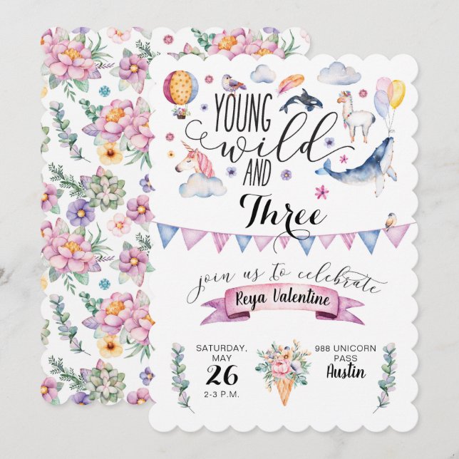 Unga, Vild och tre Födelsedagsfest inbjudan (Fram/baksida)