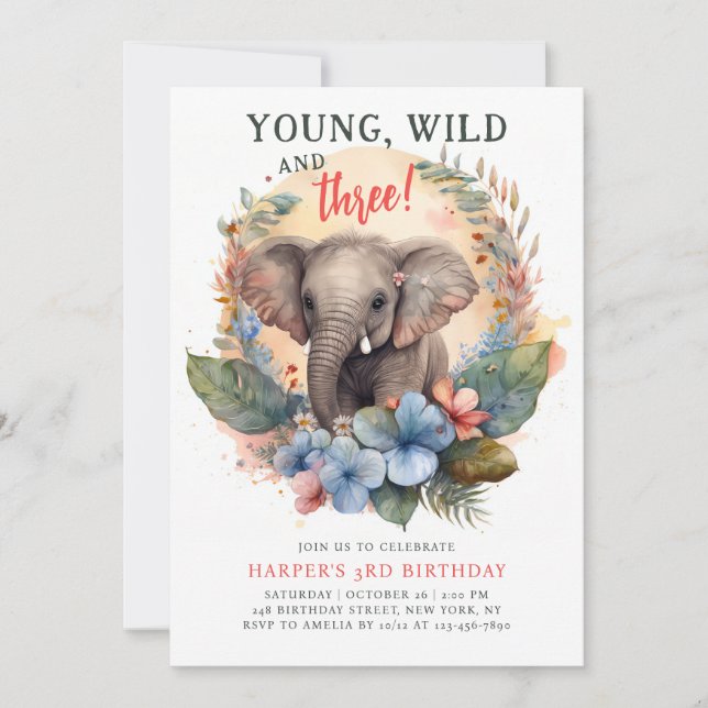 Unga Vilda Tre 3-års Födelsedag Barn Söt Elefant Inbjudningar (Framsida)