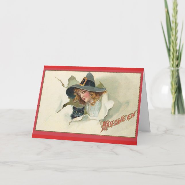 Unga Witch & Black Cat - Halloween Card Kort (Framsida)