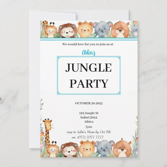 Ungar Personlig Jungle Animals B'day Call Inbjudningar (Framsida)