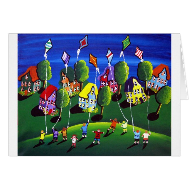 Ungar som flyger till Kites folkArt Hälsningskort (Framsidan Horizontal)