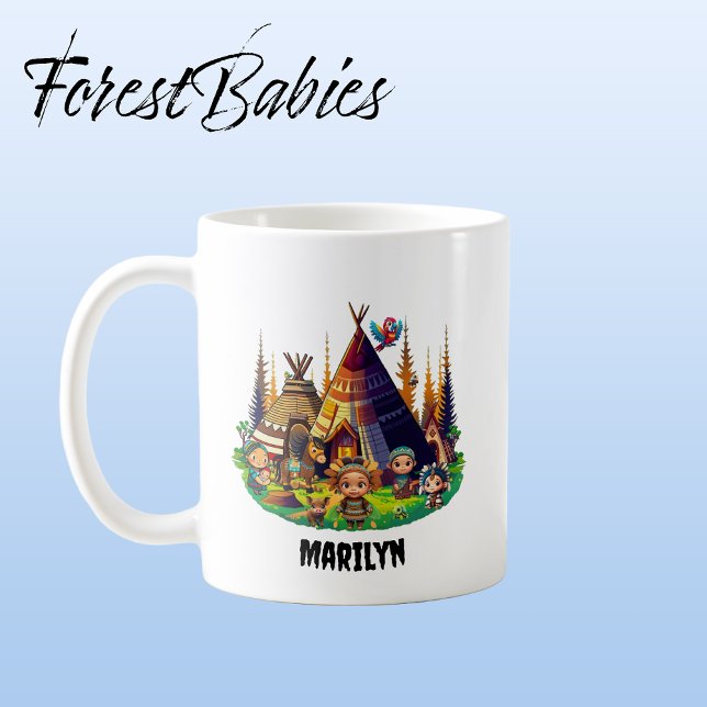 Ungar, tipis och djur från Indian, inhemska Kaffemugg (Indigenous Tribe 🏕 Customizable ForestBabies Mug)