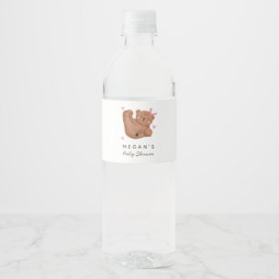 Unge Bear Girl Baby Shower Rosa Bow Vattenflaskor Etikett