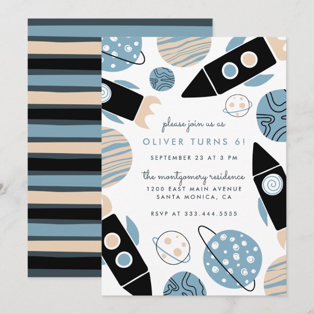 Unge för raketfraktrymden födelsedagsfest inbjudningar (Fram/baksida)