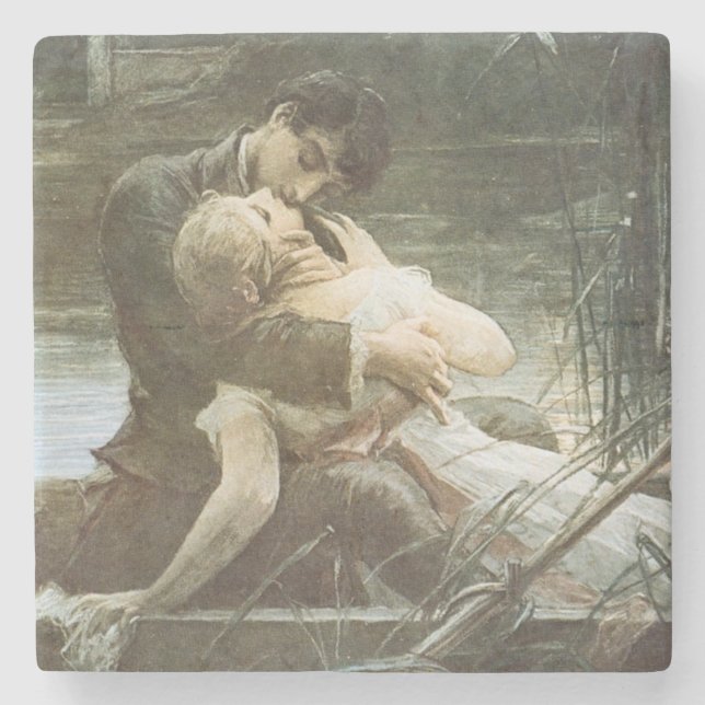 Unge kära par (Kyssar i en båt) (Romantik) Stenunderlägg (Framsidan)