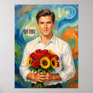 Unge man med bukett Retro stil personlig Poster