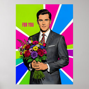 Unge man med bukett Retro stil personlig Poster