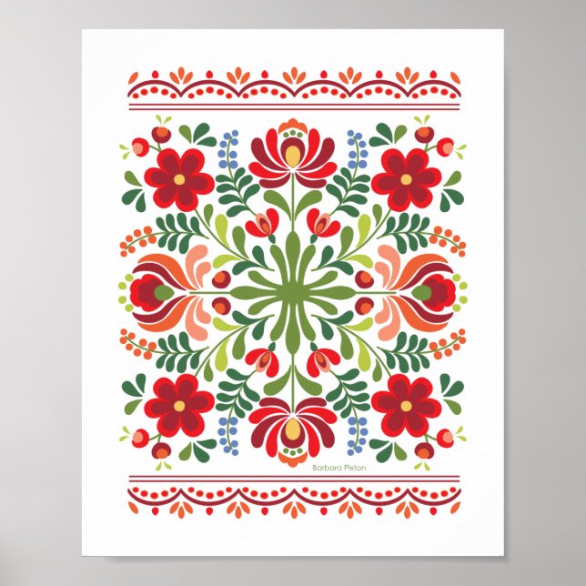 Ungersk folkdesign Red and Rosa Poster (Framsidan)