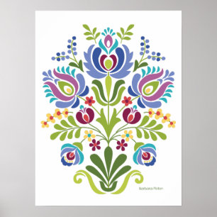 Ungersk folkdesignblått och Lila blommor Poster