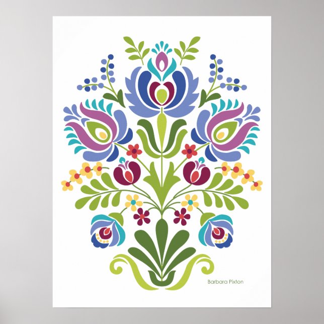 Ungersk folkdesignblått och Lila blommor Poster (Framsidan)