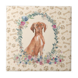 Ungersk Vizsla Hund Paw Print Blommigt Cute Beige Kakelplatta