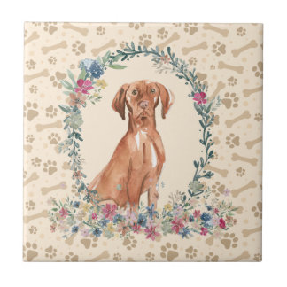 Ungersk Vizsla Hund Paw Print Blommigt Cute Beige Kakelplatta