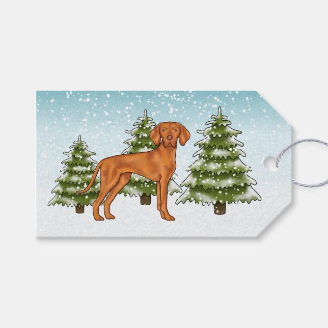 Ungersk Vizsla Hund Snöig Vinter Skog Festlig Presentetikett (Framsidan (Horisontell))