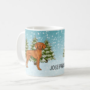 Ungersk Vizsla Hund Snöig Vinter Skog Och Namn Kaffemugg