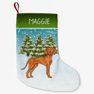 Ungersk Vizsla Hund Snöig Vinter Skog Och Namn Liten Julstrumpa