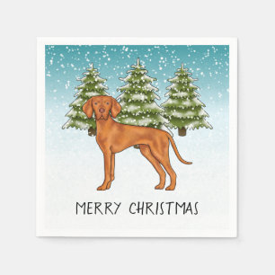 Ungersk Vizsla Hund Snöig Vinter Skog Och Text Pappersservett
