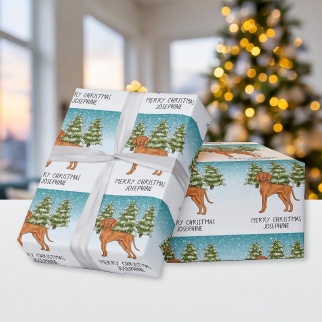 Ungersk Vizsla Hund Snöig Vinter Skog Och Text Presentpapper (Skapare uppladdad)