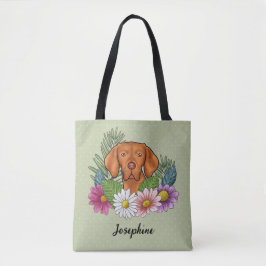 Ungersk Vizsla Med Färgglada Blommor Och Namn Tygkasse