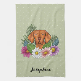 Ungersk Vizsla Och Färgrika Sommarblommor Grön Kökshandduk